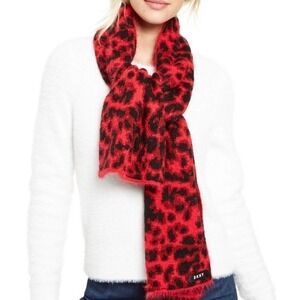 DKNY Women’s Fuzzy Red Animal Print Knit Scarf
